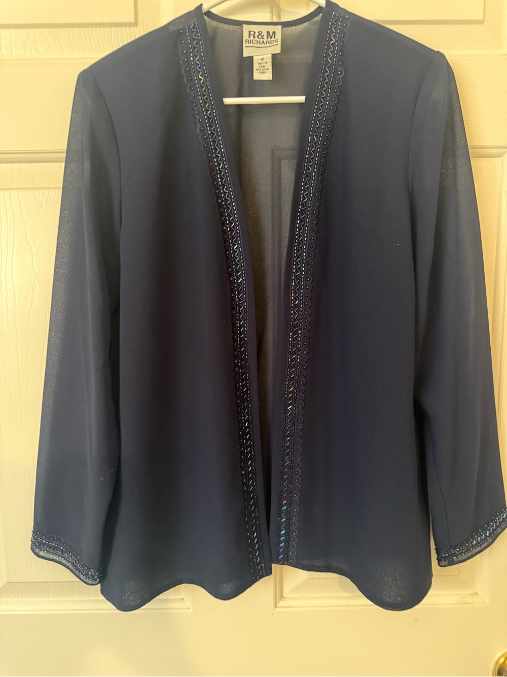 R&M Richards Navy Beaded Open-Front Blazer
